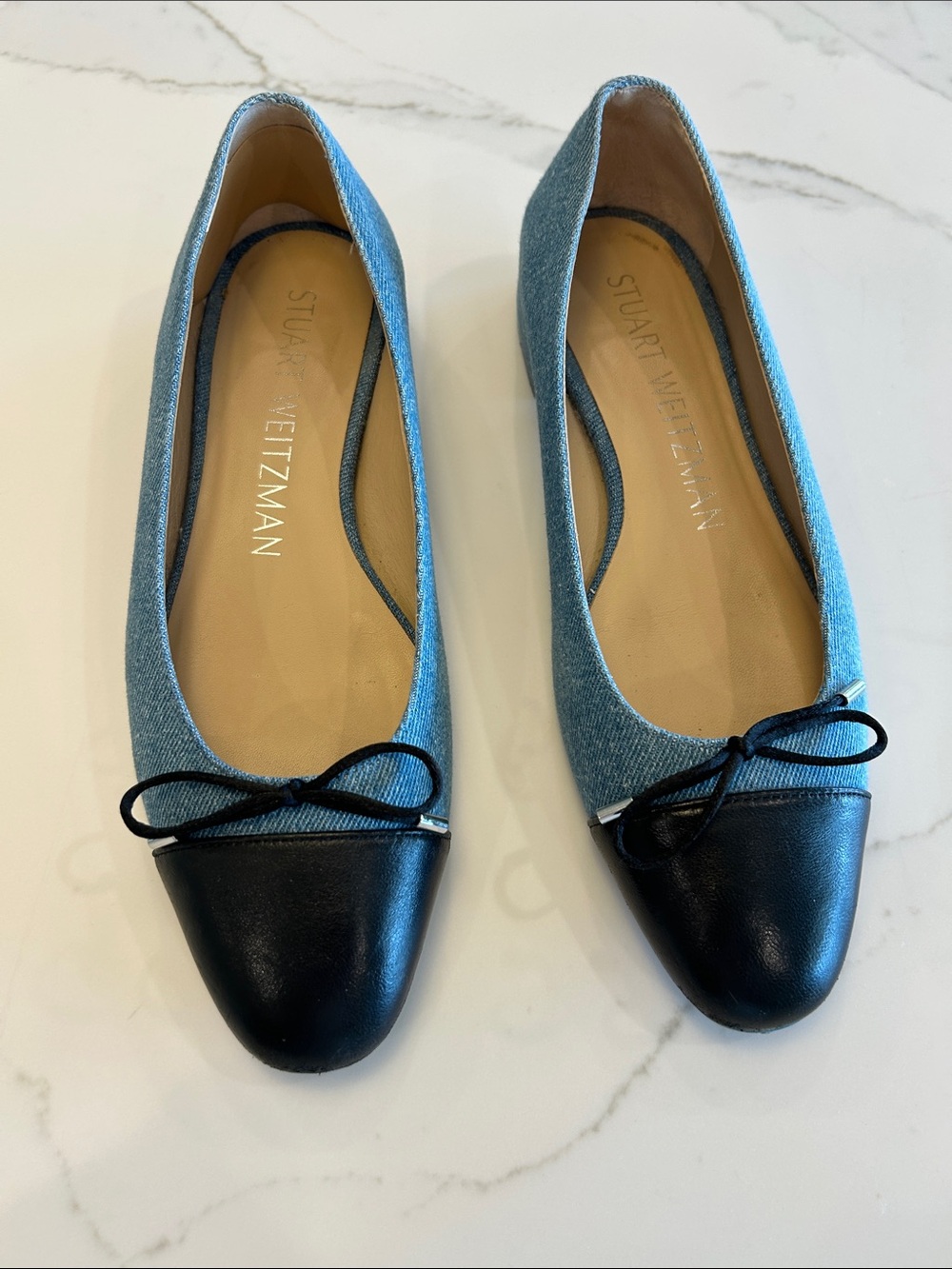 Stuart Weitzman Denim Blue Ballet Flats with Black Cap Toe
